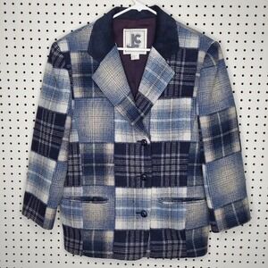 JLC Patchwork Plaid Jacket Large Women Blue Wool Blend 3-Button Pocket Old Money